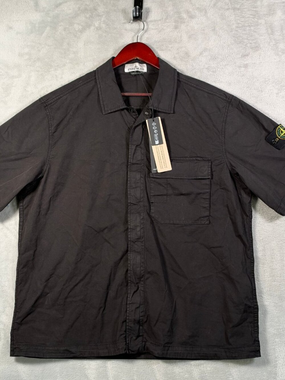 Stone Island Shirt Mens XXL Black Short Sleeve Zip Overshirt Camicia Corta $565